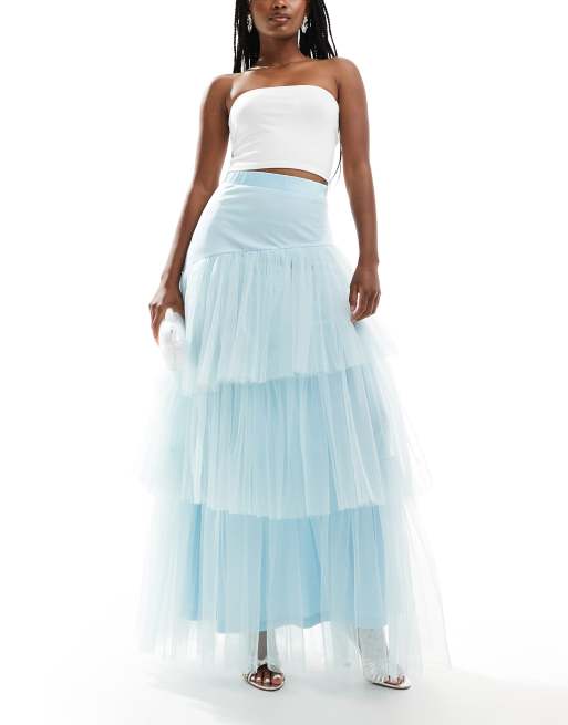 Lace Beads asymmetric tulle maxi skirt in sky blue