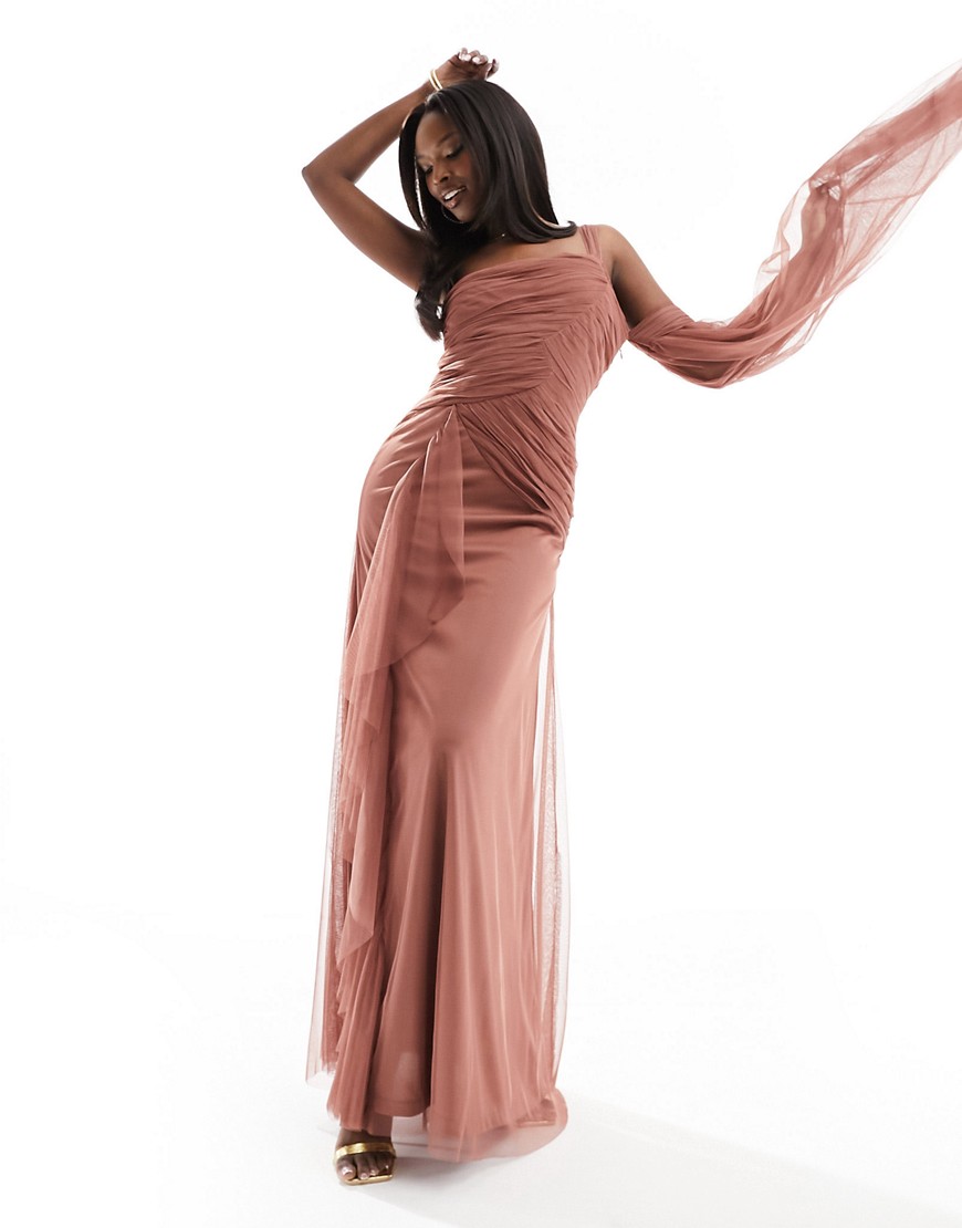 Lace & Beads asymmetric tulle midaxi dress in rose brown