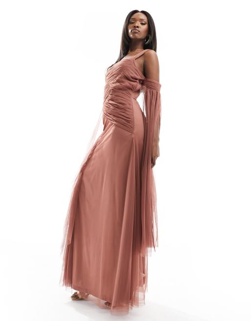 Lace & Beads asymmetric tulle midaxi dress in rose brown