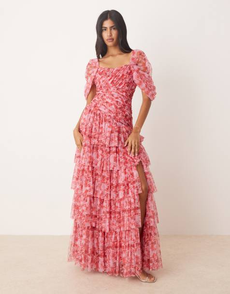 Lace & Beads - Asymmetrische maxi jurk van tule met blote schouder en bloemenprint in rood en roze - view 1