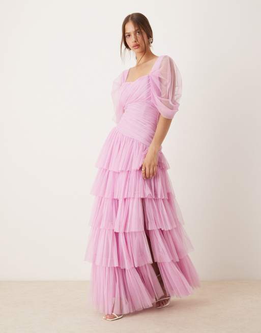 Lace & Beads - Asymmetrische maxi jurk van tule met ruches in etherisch roze, 2 van 4