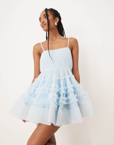 Lace & Beads - Babyblå babydoll-minikjole med flæser i tyl - view 1