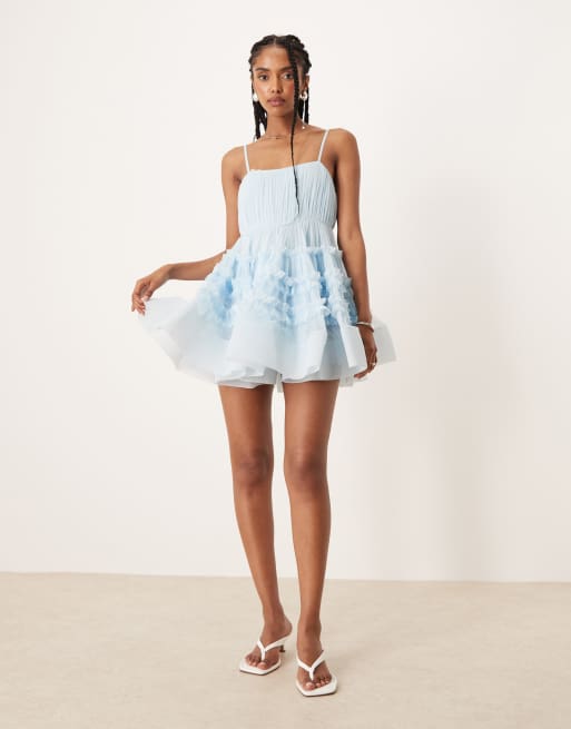 Lace & Beads - Babyblå babydoll-minikjole med flæser i tyl, 3 af 4