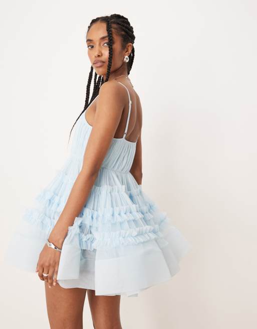 Lace & Beads - Babyblå babydoll-minikjole med flæser i tyl, 4 af 4