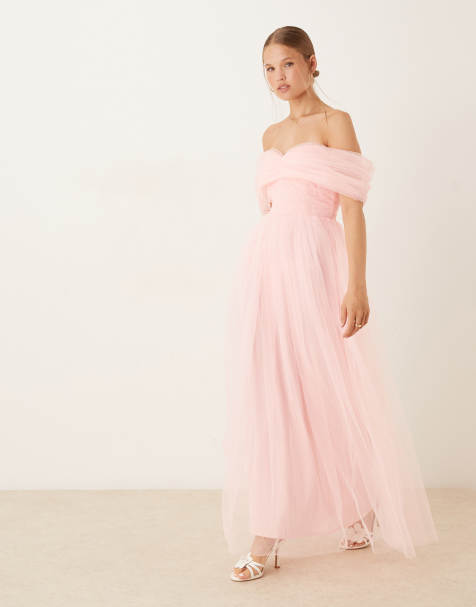 Lace & Beads – Babyrosa maxiklänning med bara axlar i tyll - view 1