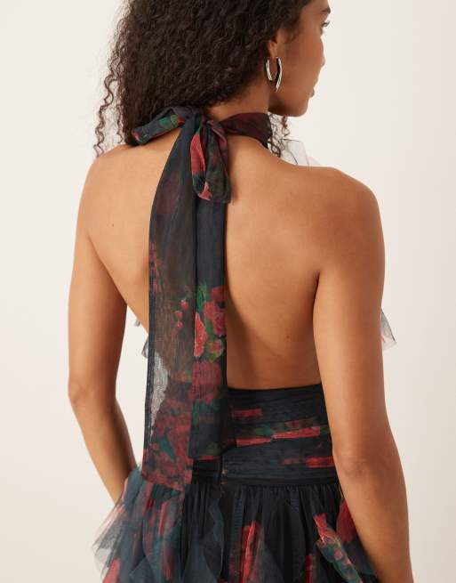 Lace & Beads backless ruffle maxi dress in black rose, 3 of 4