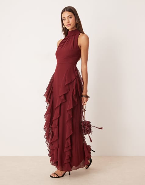 Lace & Beads backless ruffle maxi dress in burgundy - view 1