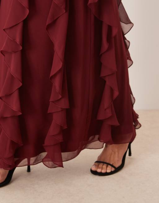 Lace & Beads backless ruffle maxi dress in burgundy