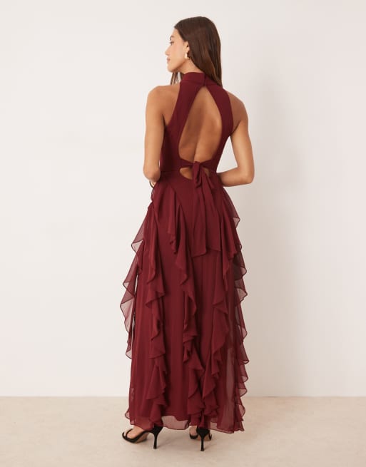 navy blue dress for baby girl Lace & Beads backless ruffle maxi dress in burgundy