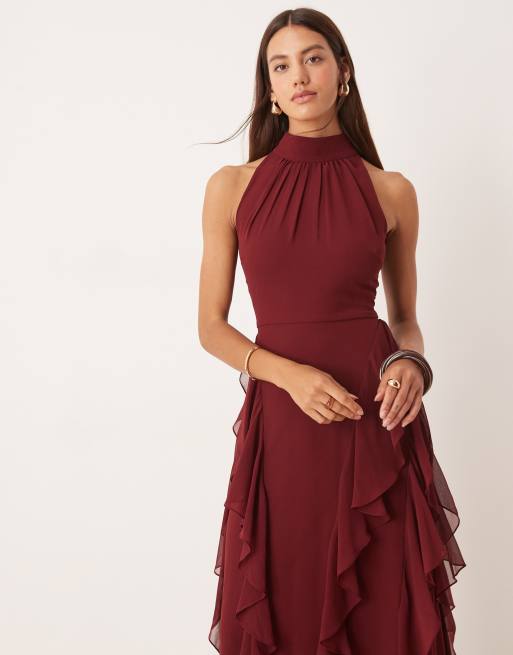 Lace & Beads backless ruffle maxi dress in burgundy