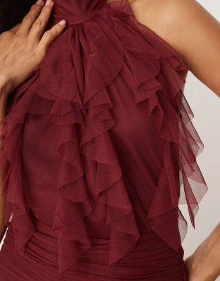 Lace & Beads Backless Ruffle Maxi Dress In Brown