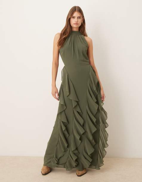 Lace & Beads backless ruffle maxi dress in khaki