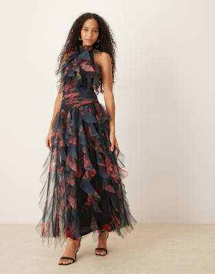 Lace & Beads Backless Ruffle Mini Dress In Green