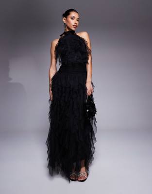 backless ruffle tulle maxi dress in black