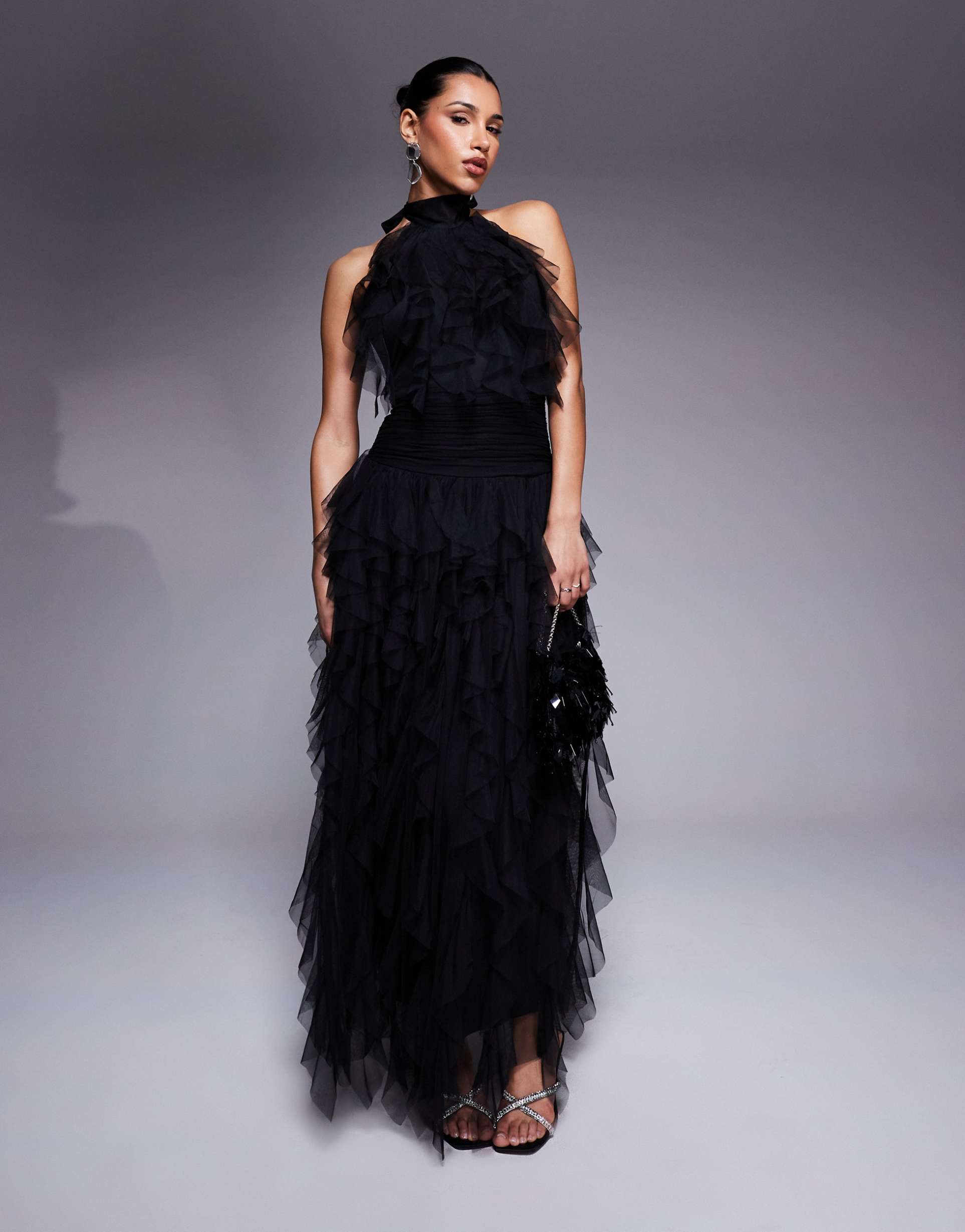 lace & beads backless ruffle tulle maxi dress in black