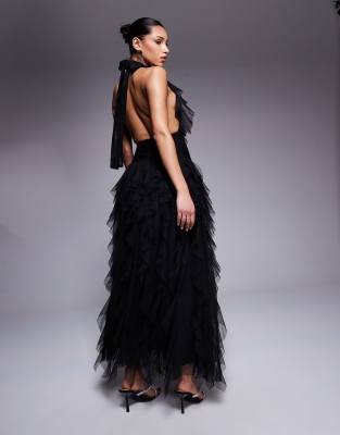 Lace & Beads Backless Ruffle Tulle Maxi Dress In Black