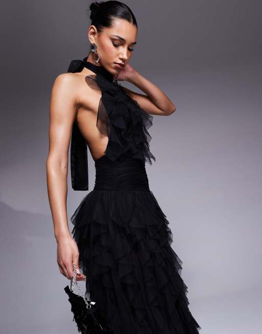 Lace & Beads backless ruffle tulle maxi dress in black