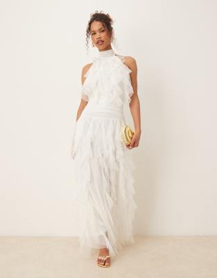 Lace & Beads Backless Ruffle Tulle Maxi Dress
