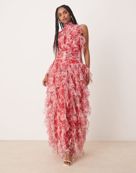 Lace & Beads backless ruffle tulle maxi dress in red floral - view 1
