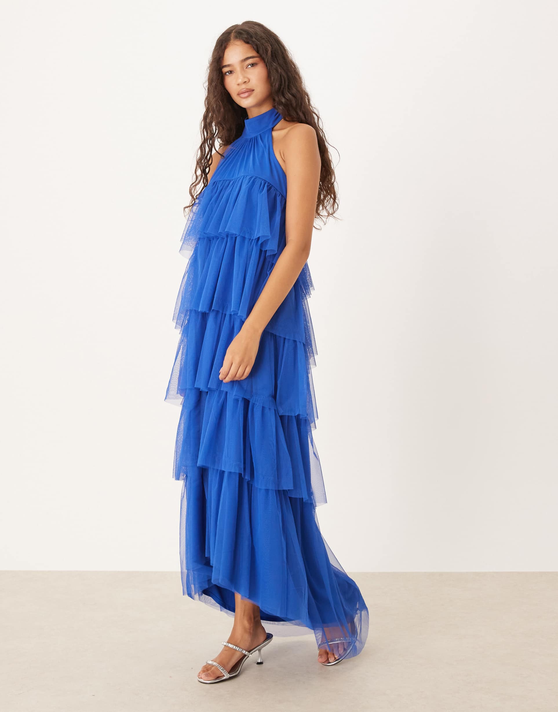 lace & beads backless tiered tulle maxi dress in cobalt