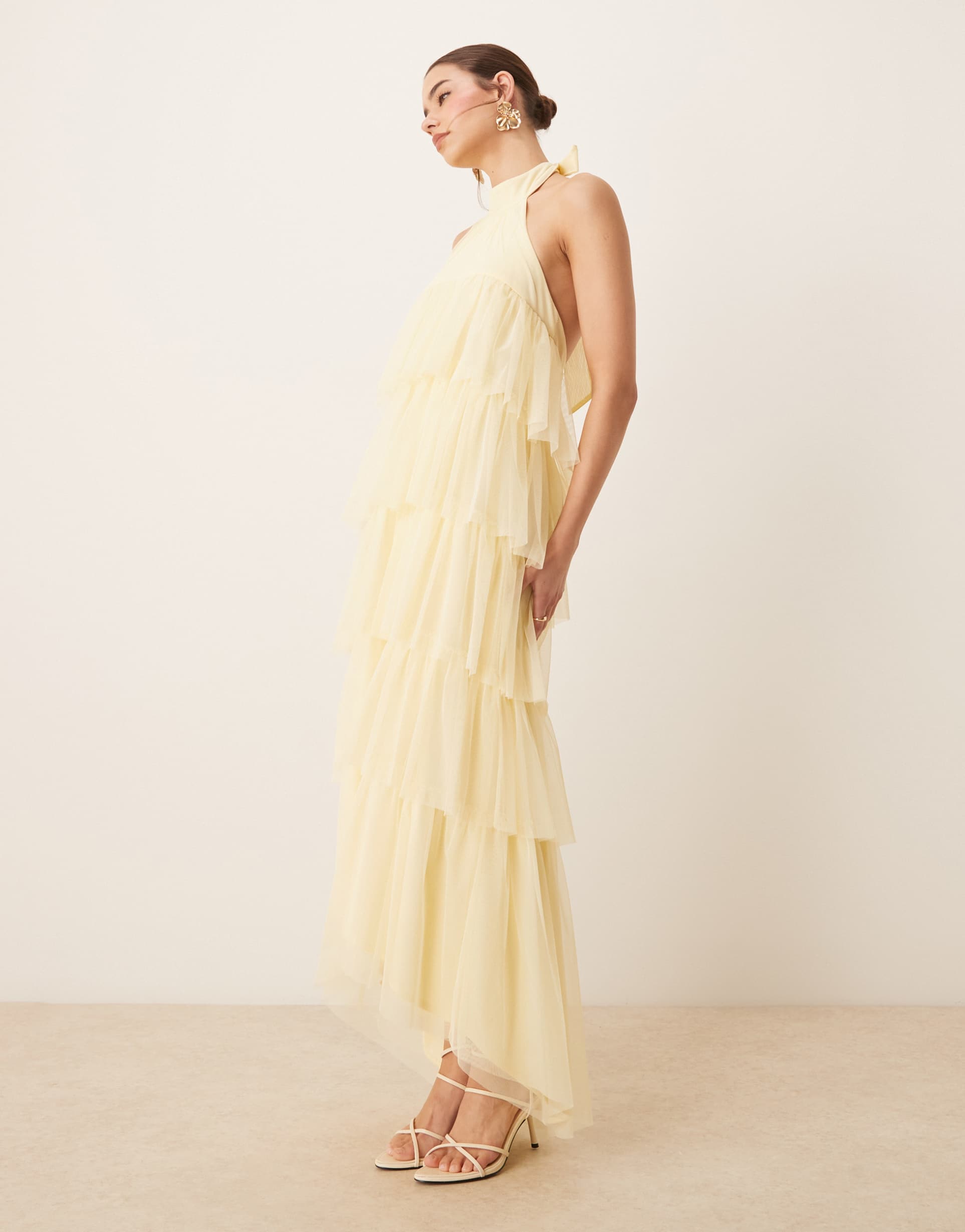 lace & beads backless tiered tulle maxi dress in lemon