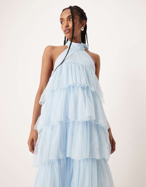 Lace & Beads backless tiered tulle maxi dress in soft blue