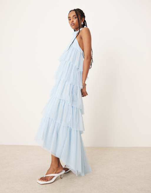 Lace & Beads backless tiered tulle maxi dress in soft blue