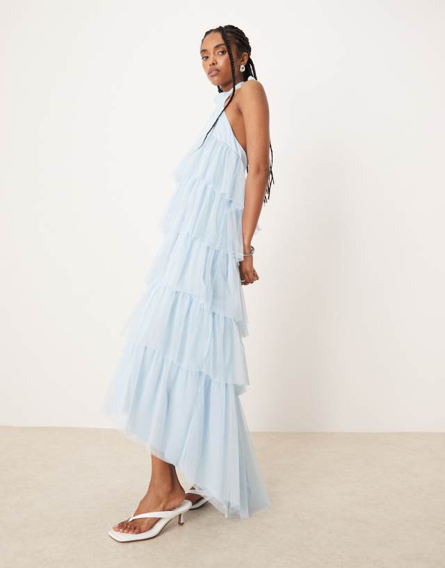 Lace & Beads backless tiered tulle maxi dress in soft blue