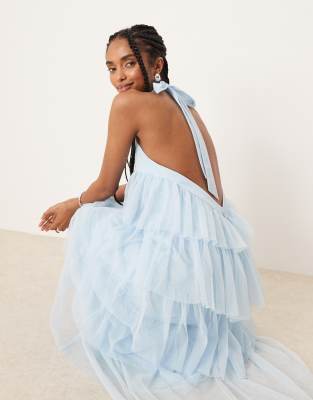 Lace & Beads backless tiered tulle maxi dress in soft blue