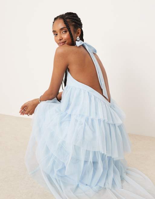 Lace & Beads backless tiered tulle maxi dress in soft blue