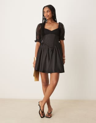 balloon sleeve corset mini dress in black