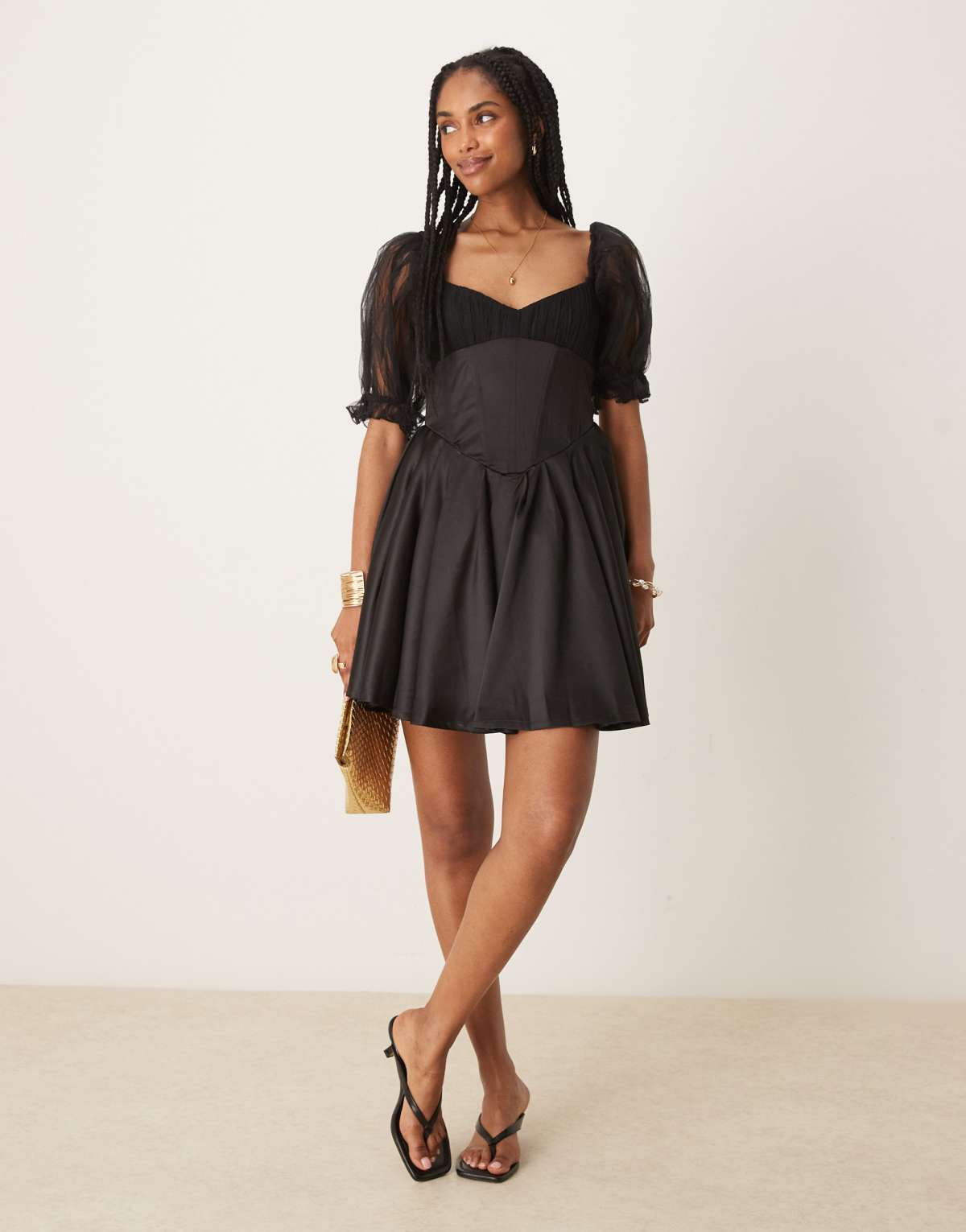 Lace & Beads balloon sleeve corset  mini dress in black