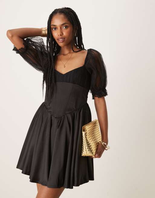 Lace & Beads balloon sleeve corset mini dress in black | ASOS