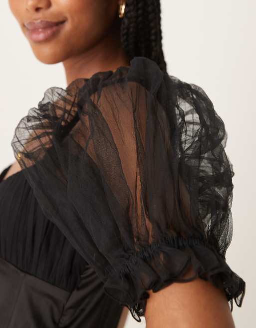 Lace & Beads balloon sleeve corset mini dress in black, 3 of 4