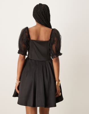 Lace & Beads balloon sleeve corset mini dress in black | ASOS