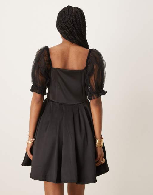 Lace & Beads balloon sleeve corset mini dress in black, 4 of 4