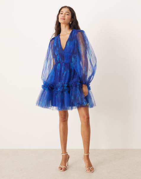 Lace & Beads balloon sleeve organza mini dress in blurred cobalt floral - view 1