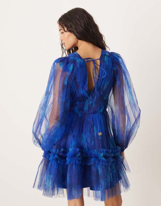 Lace & Beads balloon sleeve organza mini dress in blurred cobalt floral, 3 of 4