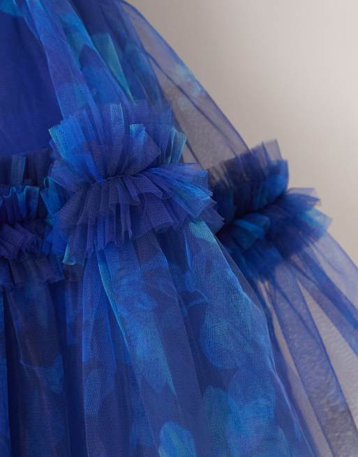Lace & Beads balloon sleeve organza mini dress in blurred cobalt floral, 4 of 4