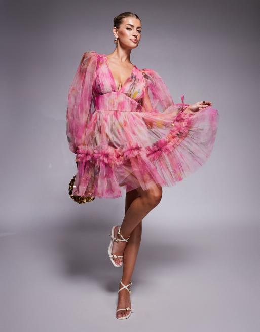Lace & Beads balloon sleeve organza mini dress in pink floral