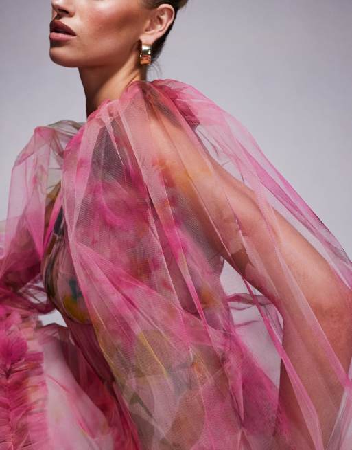Lace & Beads balloon sleeve organza mini dress in pink floral