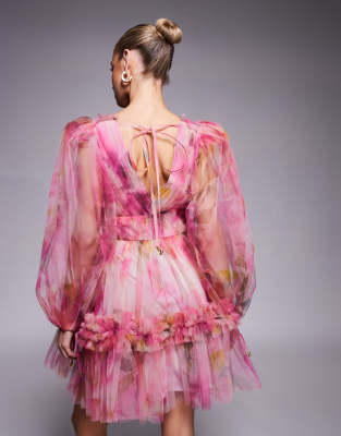 Lace & Beads balloon sleeve organza mini dress in pink