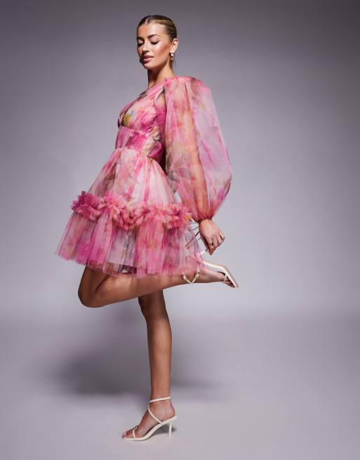 Lace & Beads balloon sleeve organza mini dress in pink floral