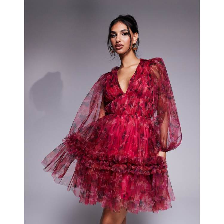 Lace & Beads balloon sleeve organza mini dress in red and