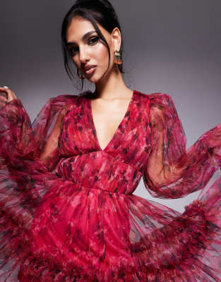 Lace & Beads balloon sleeve organza mini dress in red and