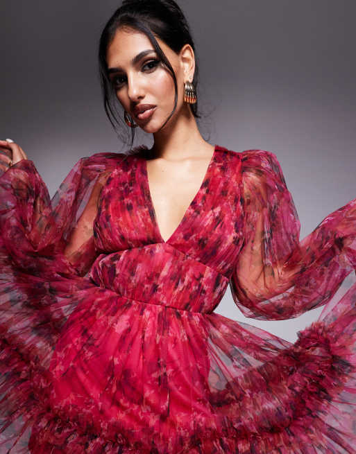 Lace & Beads balloon sleeve organza mini dress in red and