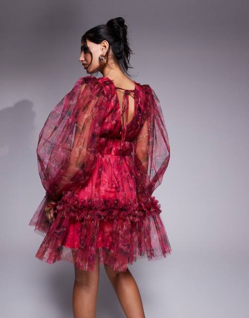 Lace & Beads balloon sleeve organza mini dress in red and