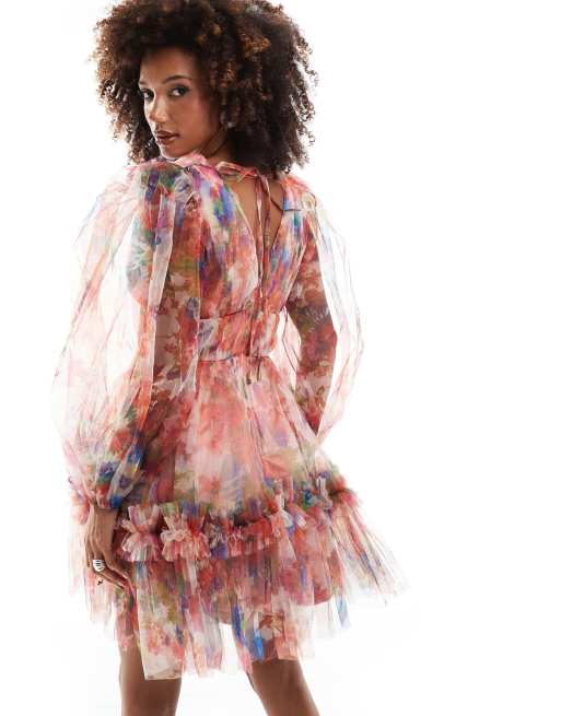 Mini Dress Fuchsia Jacquard Wrap Mini Skirt Lace Beads Balloon