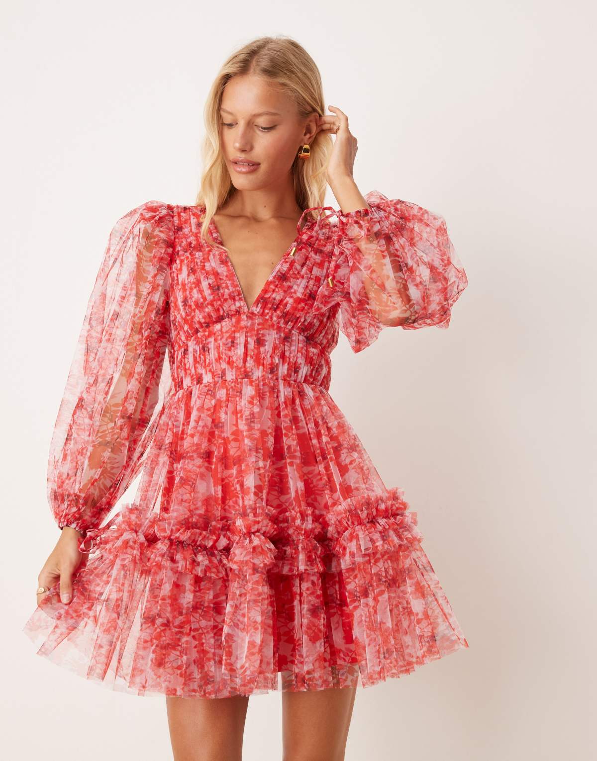 Lace & Beads balloon sleeve organza mini dress in red floral