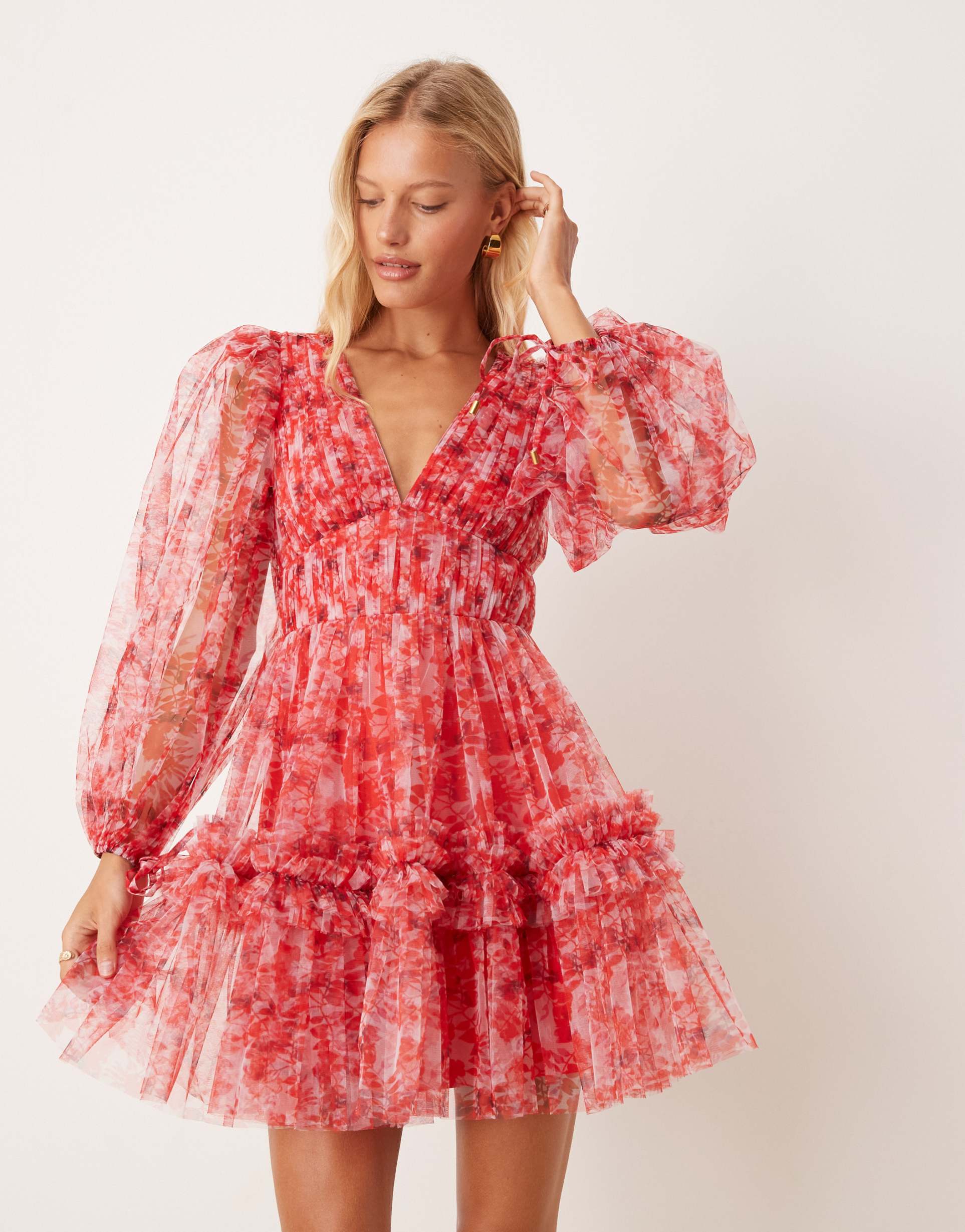 lace & beads balloon sleeve organza mini dress in red floral